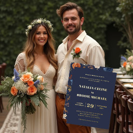 Invitación Con Relieve Metalizado Blue Terracotta Floral Boda Gold