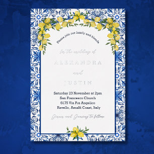 Invitación Con Relieve Metalizado Blue Tile Lemon Boda italiano mediterráneo