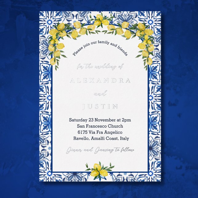 Invitación Con Relieve Metalizado Blue Tile Lemon Boda italiano mediterráneo (Subido por el creador)