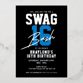 Invitación Con Relieve Metalizado Blue Varsity Style Swag 16 cumpleaños