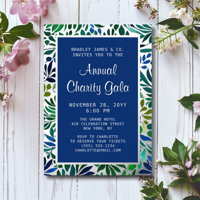 Invitación Con Relieve Metalizado Blue Watercolor Floral Charity Event Gala Fiesta (Subido por el creador)