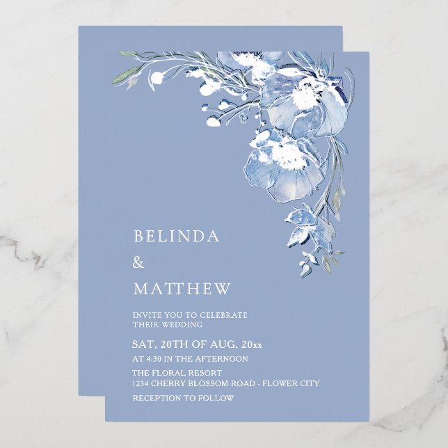 Invitación Con Relieve Metalizado Blue Watercolor Flowers Casual Wedding (Anverso/Reverso)