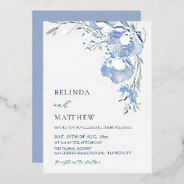 Invitación Con Relieve Metalizado Blue Watercolor Flowers Casual Wedding