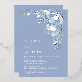 Invitación Con Relieve Metalizado Blue Watercolor Flowers Casual Wedding