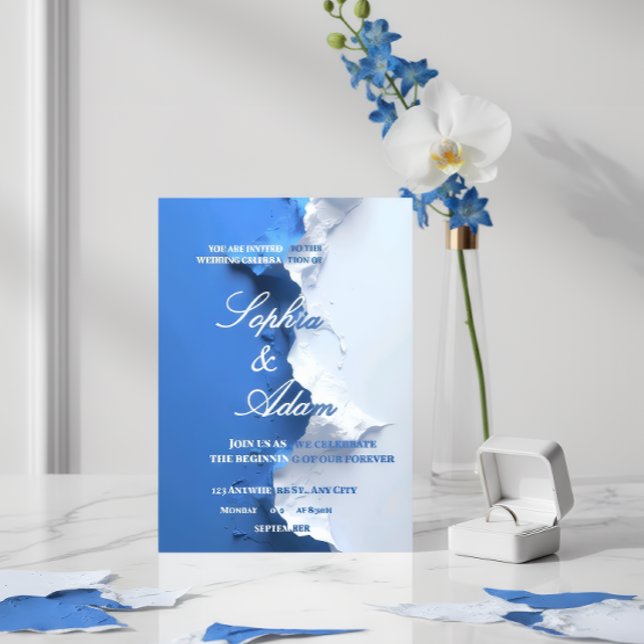 Invitación Con Relieve Metalizado Blue & White Textured Art Wedding Invitation  (Subido por el creador)