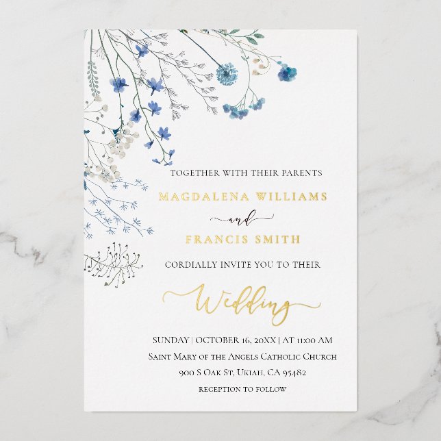 Invitación Con Relieve Metalizado blue wildflowers winter wedding (Anverso)