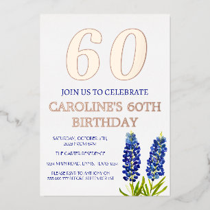 Invitación Con Relieve Metalizado Bluebonnets 60º cumpleaños Floral Azul Texas Gold