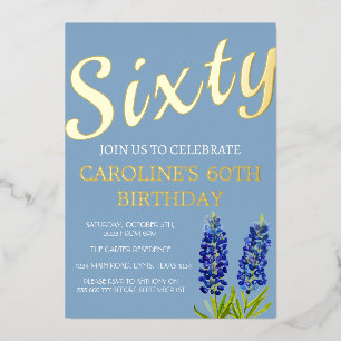 Invitación Con Relieve Metalizado Bluebonnets 60º cumpleaños Moda de oro azul Glam