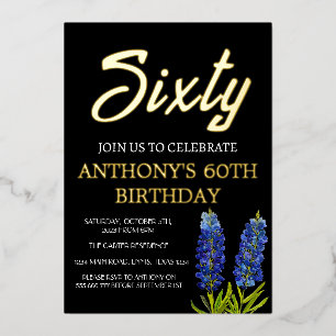 Invitación Con Relieve Metalizado Bluebonnets 60 cumpleaños negro pan de oro Texas