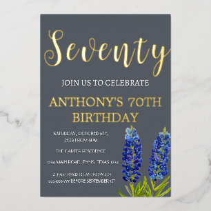 Invitación Con Relieve Metalizado Bluebonnets 70º cumpleaños Marina Blue Gold Texas