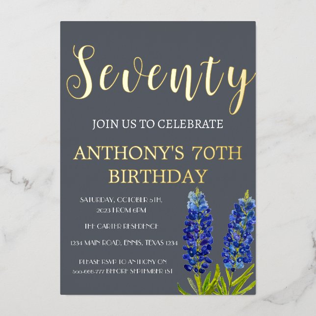 Invitación Con Relieve Metalizado Bluebonnets 70º cumpleaños Marina Blue Gold Texas (Anverso)