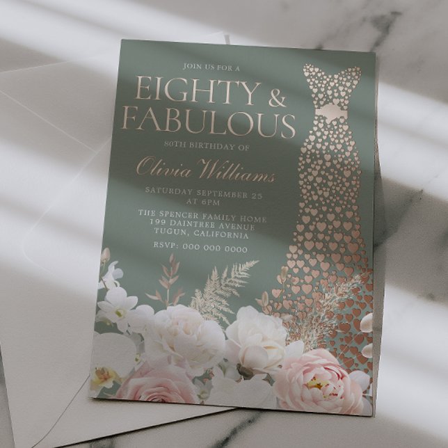 Invitación Con Relieve Metalizado  Blush Floral 80th Birthday Rose Gold Gown (Subido por el creador)