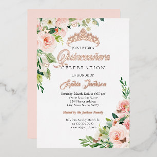 Invitación Con Relieve Metalizado Blush Floral Mariposa Rosa Dorado Quinceañera