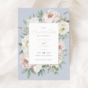 Invitación Con Relieve Metalizado Blush Floral Rosa Peonía Blanca Hoja de Aluminio A
