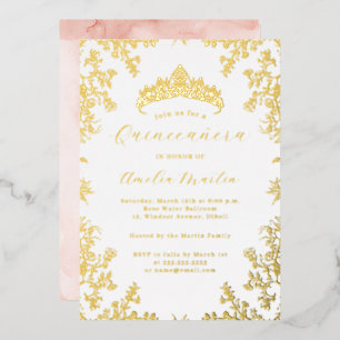 Invitación Con Relieve Metalizado Blush Floral Vintage Quinceañera de oro blanco