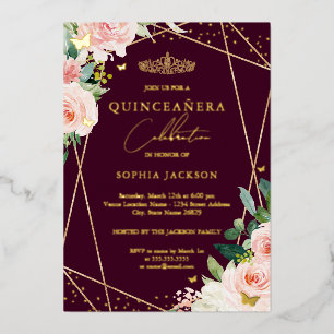 Invitación Con Relieve Metalizado Blush Geométrico Burgundy Floral Foto Quinceañera 