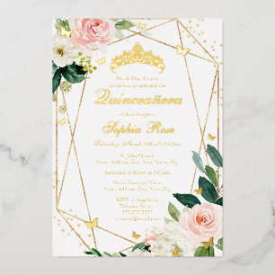 Invitación Con Relieve Metalizado Blush Gold Floral Butterfly Quinceañera