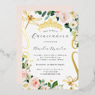 Invitación Con Relieve Metalizado Blush Gold Floral Dragonfly Scroll Quinceañera