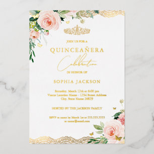Invitación Con Relieve Metalizado Blush Gold Floral Lace Quinceañera