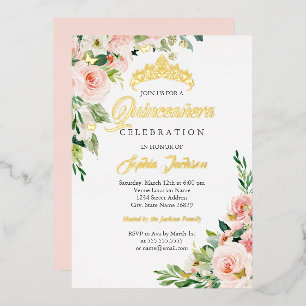 Invitación Con Relieve Metalizado Blush Mariposa Floral Rosa Dorado Quinceañera