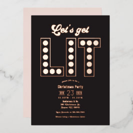 Invitación Con Relieve Metalizado Blush Noir Let's Get Lit Retro Christmas Party