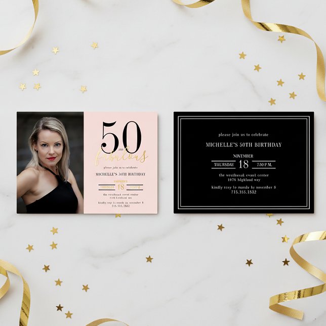 Invitación Con Relieve Metalizado Blush Pink 50 And Fabulous Photo Gold (Subido por el creador)