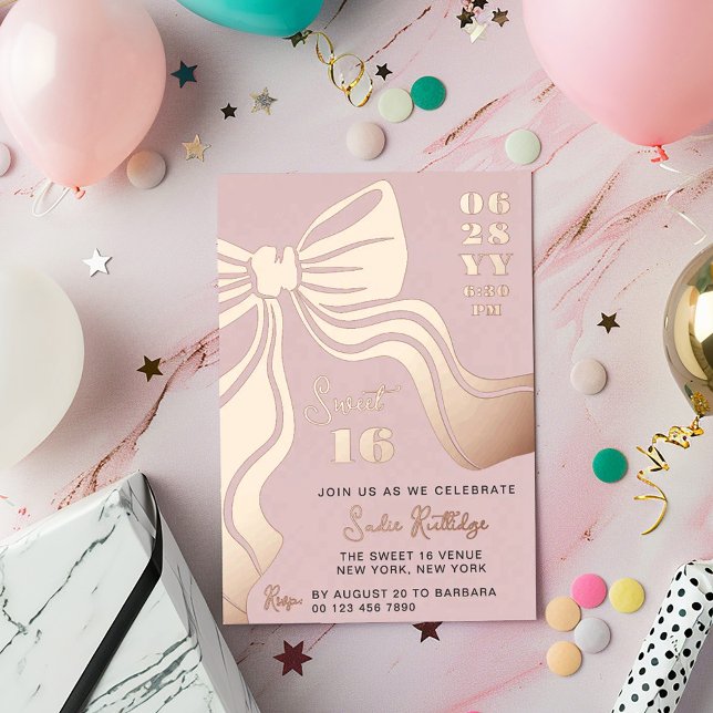 Invitación Con Relieve Metalizado Blush Pink Rose Gold Bow Sweet 16 (Subido por el creador)