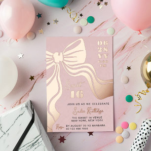Invitación Con Relieve Metalizado Blush Pink Rose Gold Lazo Dulces 16