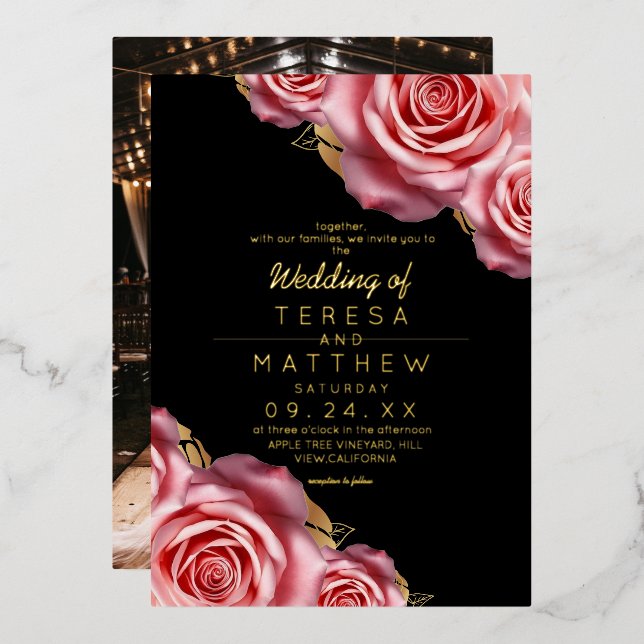 Invitación Con Relieve Metalizado Blush Pink Roses Gold Foil Black Modern Wedding  (Anverso/Reverso)