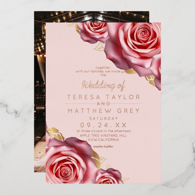 Invitación Con Relieve Metalizado Blush Pink Roses Gold Foil Modern Wedding  (Anverso/Reverso)