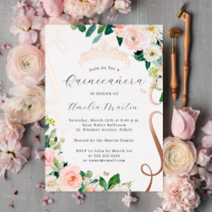 Invitación Con Relieve Metalizado Blush Rosa Dorado Flor Scroll Quinceañera