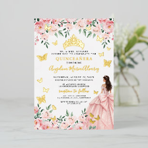 Invitación Con Relieve Metalizado Blush Rosa Floral Mariposa Quinceanera Dorado
