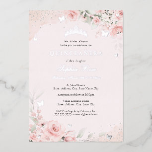Invitación Con Relieve Metalizado Blush Rosa Mariposa de Plata Quinceanera 15