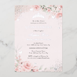 Invitación Con Relieve Metalizado Blush Rosa Suave Mariposa Plata Quinceañera