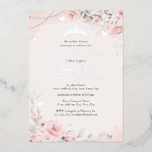 Invitación Con Relieve Metalizado Blush Rosa Suave Mariposa Plata Quinceañera