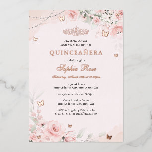 Invitación Con Relieve Metalizado Blush Rosa Suave Mariposa Quinceañera 15