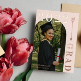 Invitación Con Relieve Metalizado Blush Rose Gold Arco y Flecha Graduación