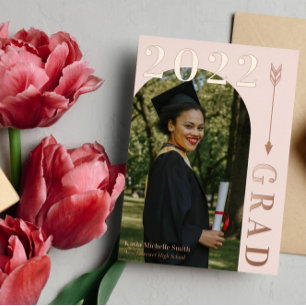 Invitación Con Relieve Metalizado Blush Rose Gold Arco y Flecha Graduación