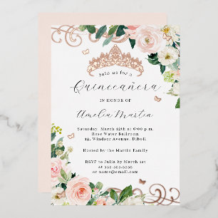 Invitación Con Relieve Metalizado Blush Rose Gold Floral Swirl Quinceañera