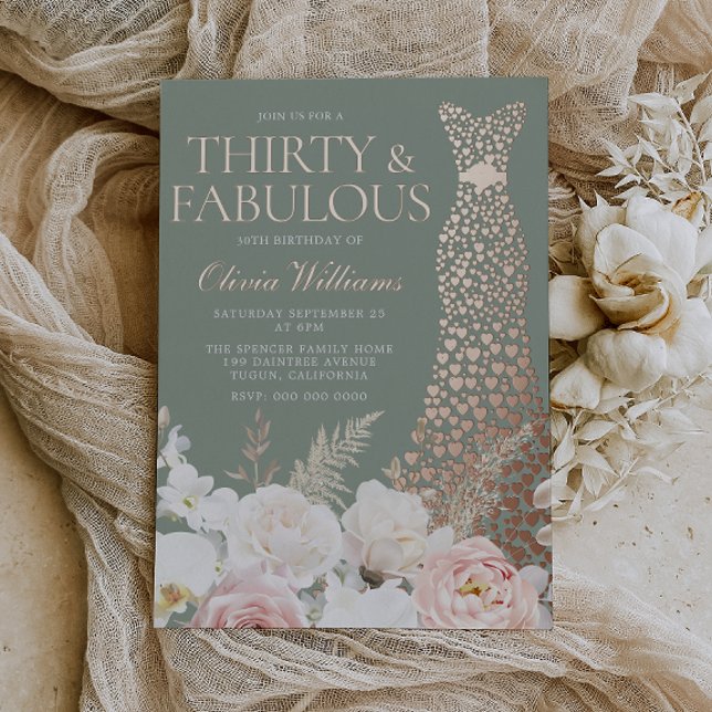 Invitación Con Relieve Metalizado  Blush & Sage 30th Birthday Rose Gold Gown (Subido por el creador)
