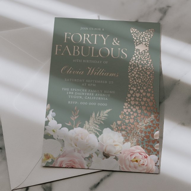 Invitación Con Relieve Metalizado  Blush & Sage 40th Birthday Rose Gold Gown (Subido por el creador)