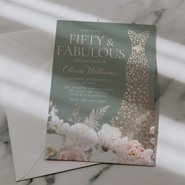 Invitación Con Relieve Metalizado Blush Sage 50th Birthday Rose Gold Gown (Subido por el creador)