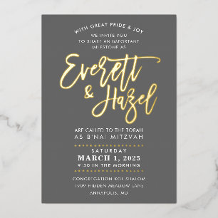 Invitación Con Relieve Metalizado B'nai Mitzvah personalizado imitación oro escritur
