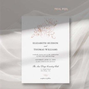 Invitación Con Relieve Metalizado Boceto de Arte Floral de Peonía Rosa Dorada Boda C