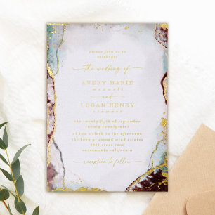 Invitación Con Relieve Metalizado Boda abstracta acuarela aqua rojo oro real