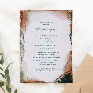 Invitación Con Relieve Metalizado Boda acuarela abstracta turquesa rosa de oro real