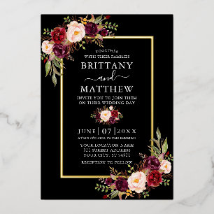 Invitación Con Relieve Metalizado Boda acuarela Borgoña Floral Oro negro