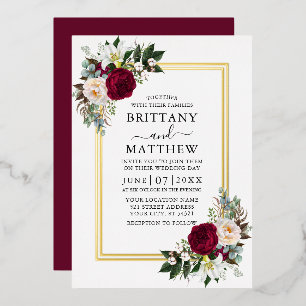 Invitación Con Relieve Metalizado Boda Acuarela Burgundy Floral 2 Marco Dorado