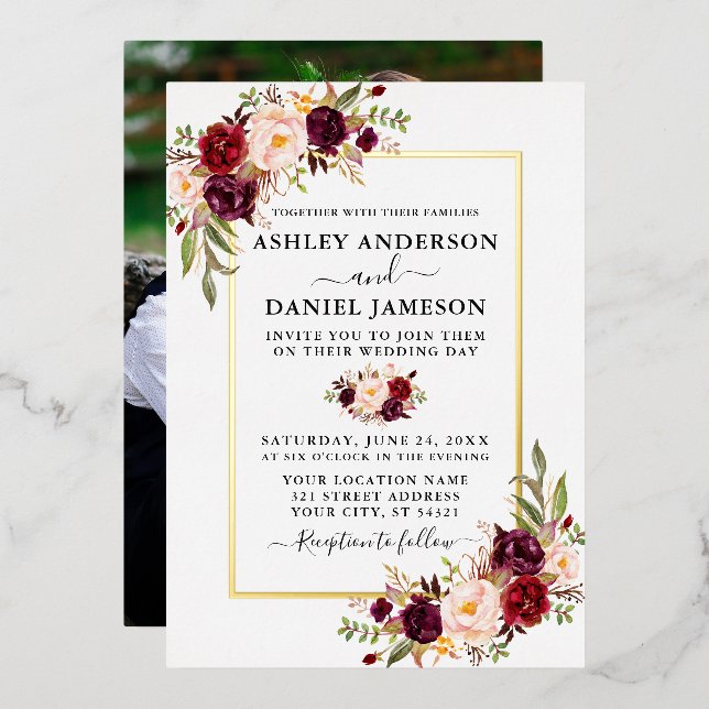 Invitación Con Relieve Metalizado Boda acuarela Burgundy Floral Photo Gold (Anverso/Reverso)