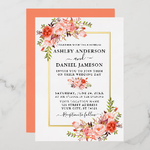 Invitación Con Relieve Metalizado Boda Acuarela Coral Floral Oro